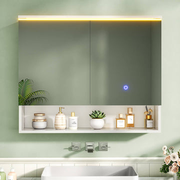 AOGLLATI Spiegelschrank Bad mit LED-Beleuchtung und Steckdose 80 cm Breit | Doppeltür Badschrank mit HD Spiegel Verstellbaren Ablagen Offenes Regal