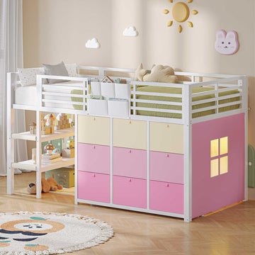 AOGLLATI Hochbett 90x200 mit LED 9 Schubladen Treppe als Ablagen nutzbar Kinderbett mit Rausfallschutz 32 cm Spielvorhang