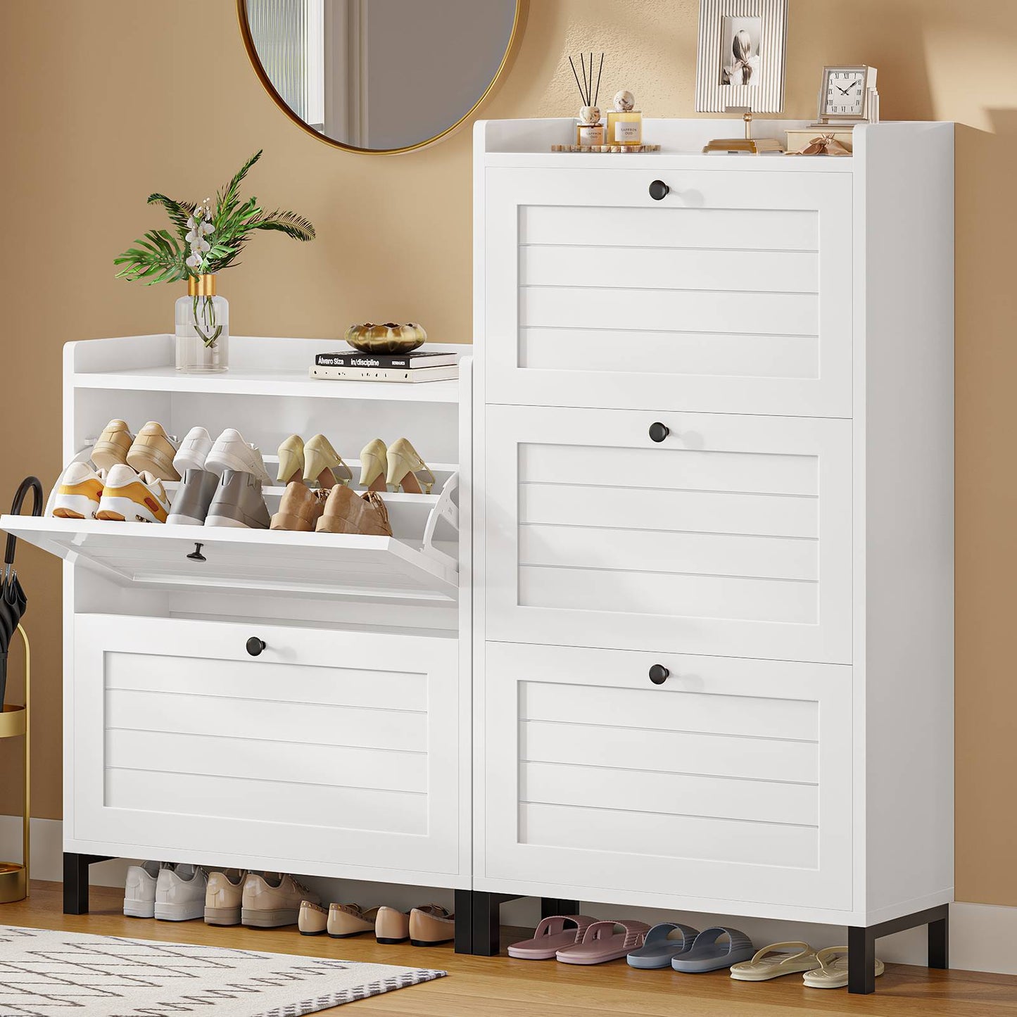 AOGLLATI Schuhschrank Schmal Schuhkipper mit 2 Klappen Schuhschrank Schmal mit Verstellbare Böden Platzsparender Schuhkipper