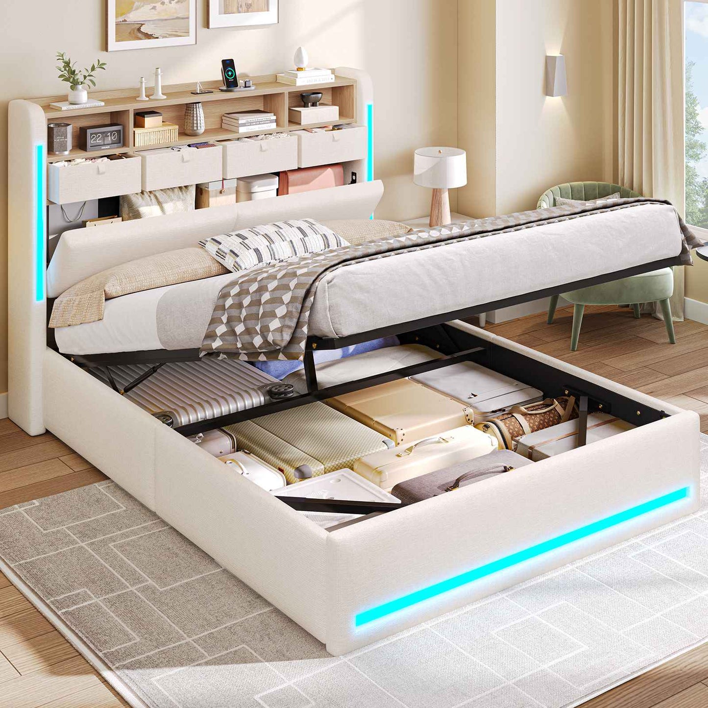AOGLLATI Bett 140x190 mit LED-Beleuchtung 4 Stoffschubladen & Hydraulik Polsterbett mit Ladestation Stauraum Kopfteil Lattenrost