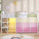 AOGLLATI Hochbett 90x200 mit LED 9 Schubladen Treppe als Ablagen nutzbar Kinderbett mit Rausfallschutz 32 cm Spielvorhang