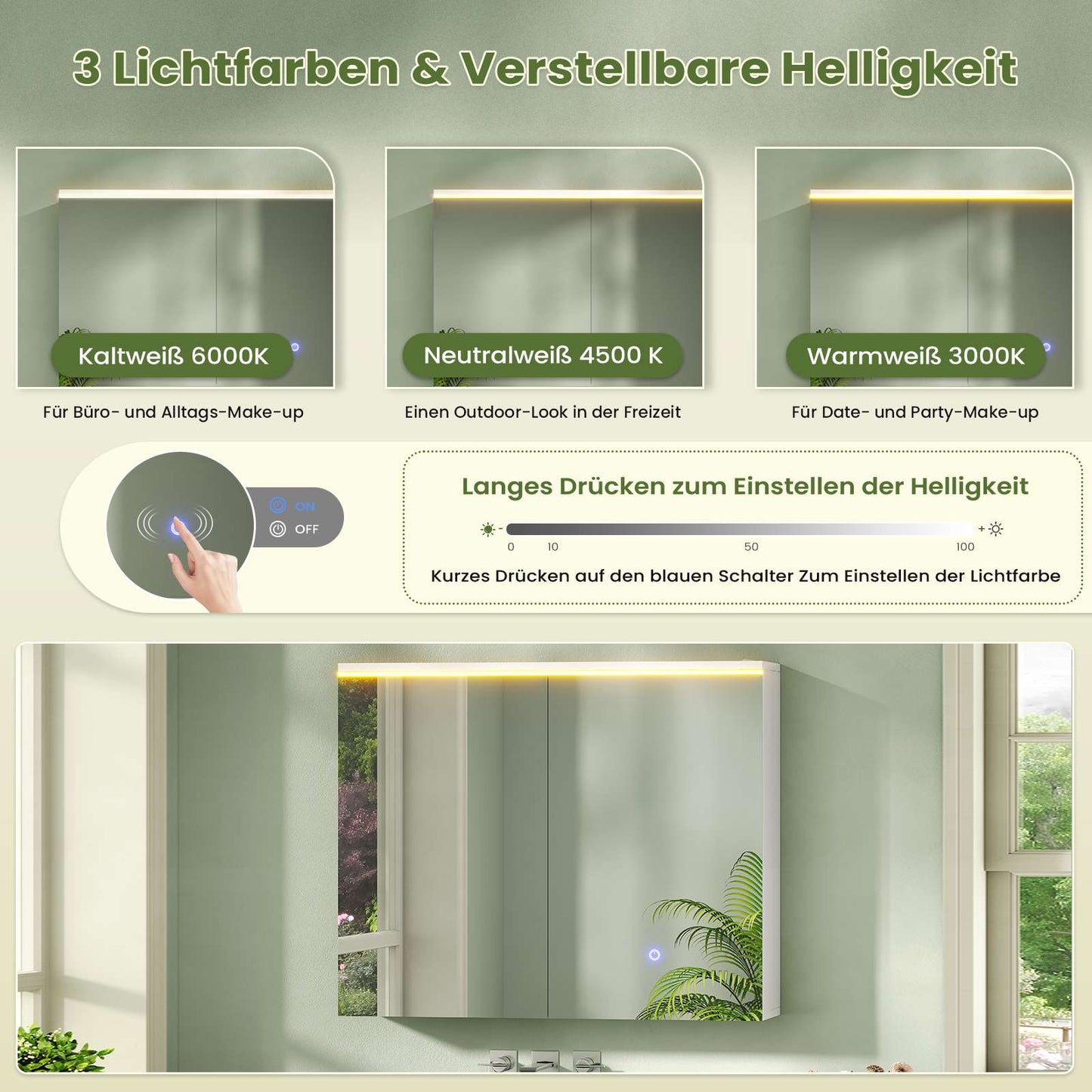 AOGLLATI Spiegelschrank Bad mit LED-Beleuchtung und Steckdose Doppeltür Badezimmerschrank mit Verstellbaren Ablagen HD Spiegel