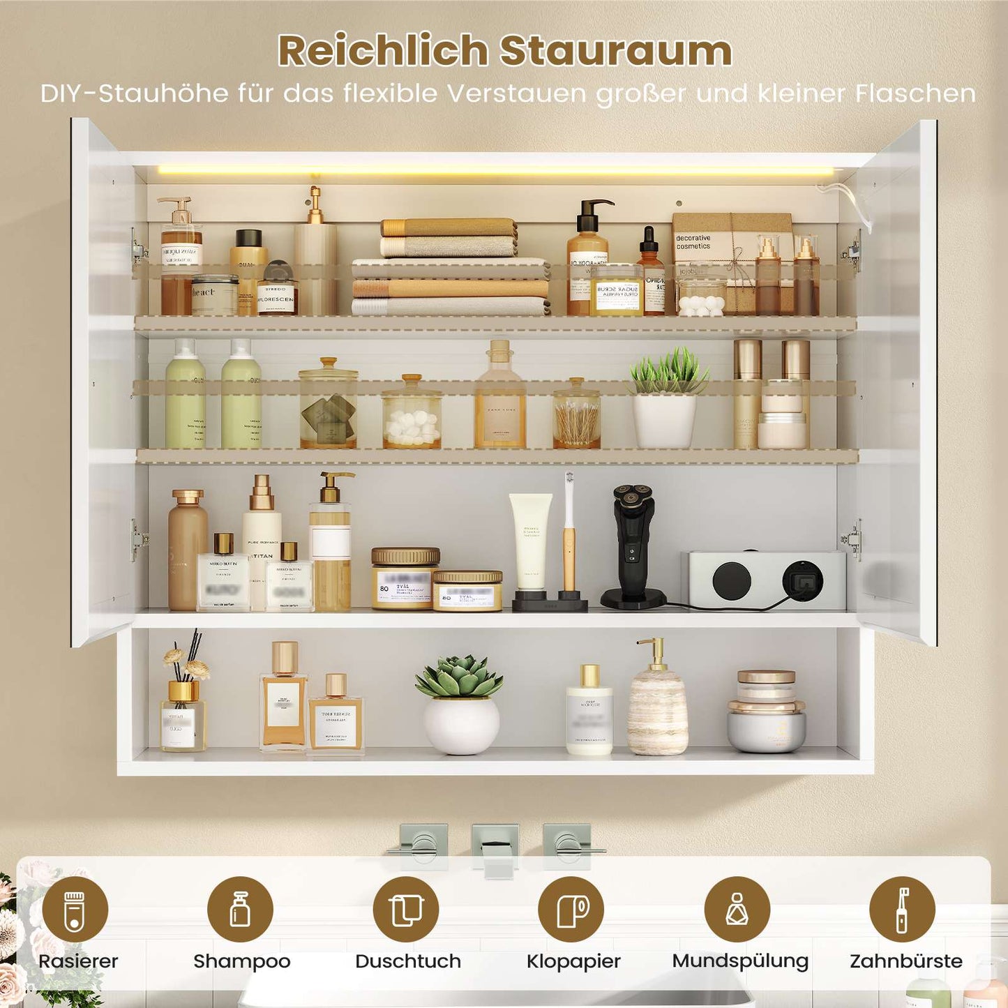 AOGLLATI Spiegelschrank Bad mit LED-Beleuchtung und Steckdose 80 cm Breit | Doppeltür Badschrank mit HD Spiegel Verstellbaren Ablagen Offenes Regal