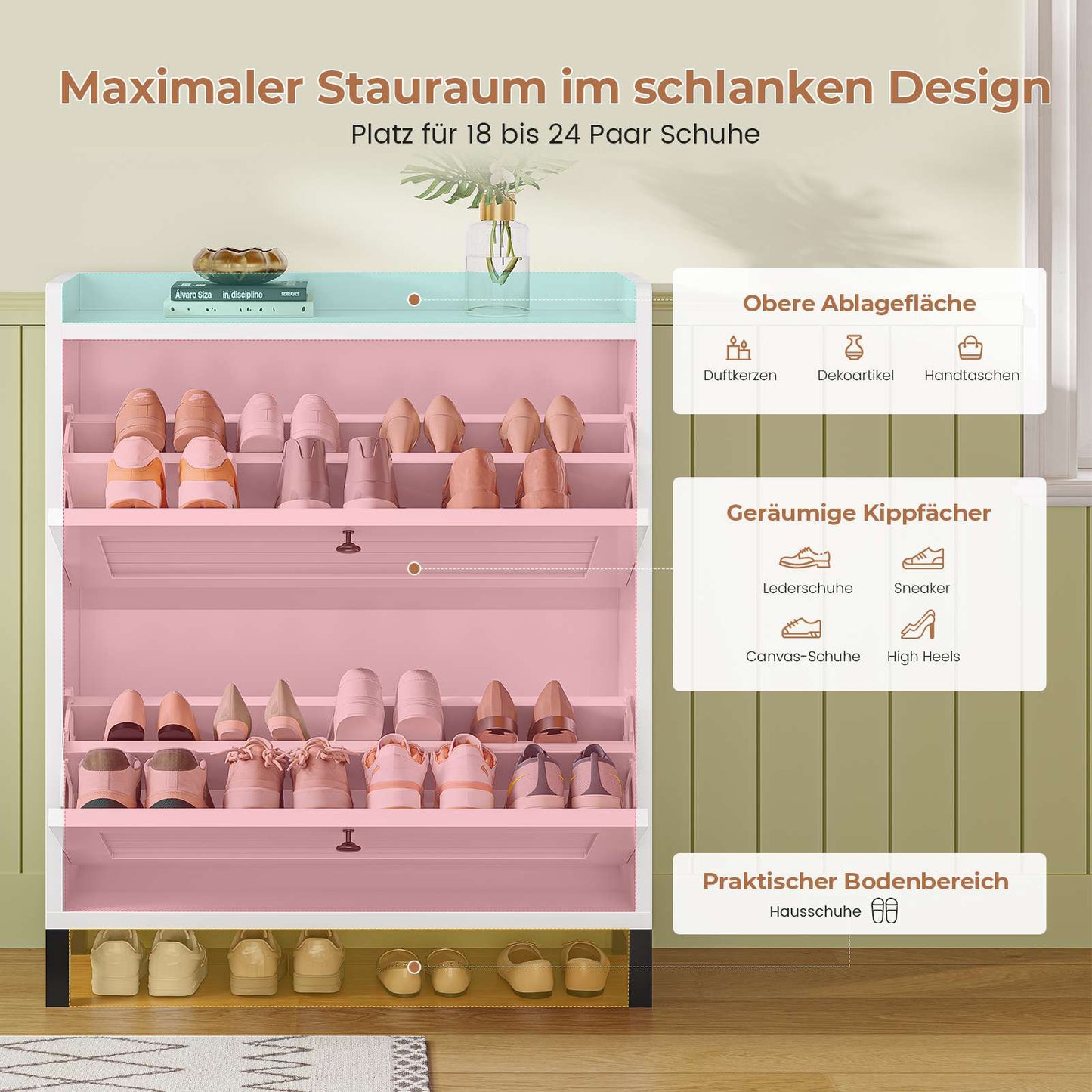 AOGLLATI Schuhschrank Schmal Schuhkipper mit 2 Klappen Schuhschrank Schmal mit Verstellbare Böden Platzsparender Schuhkipper