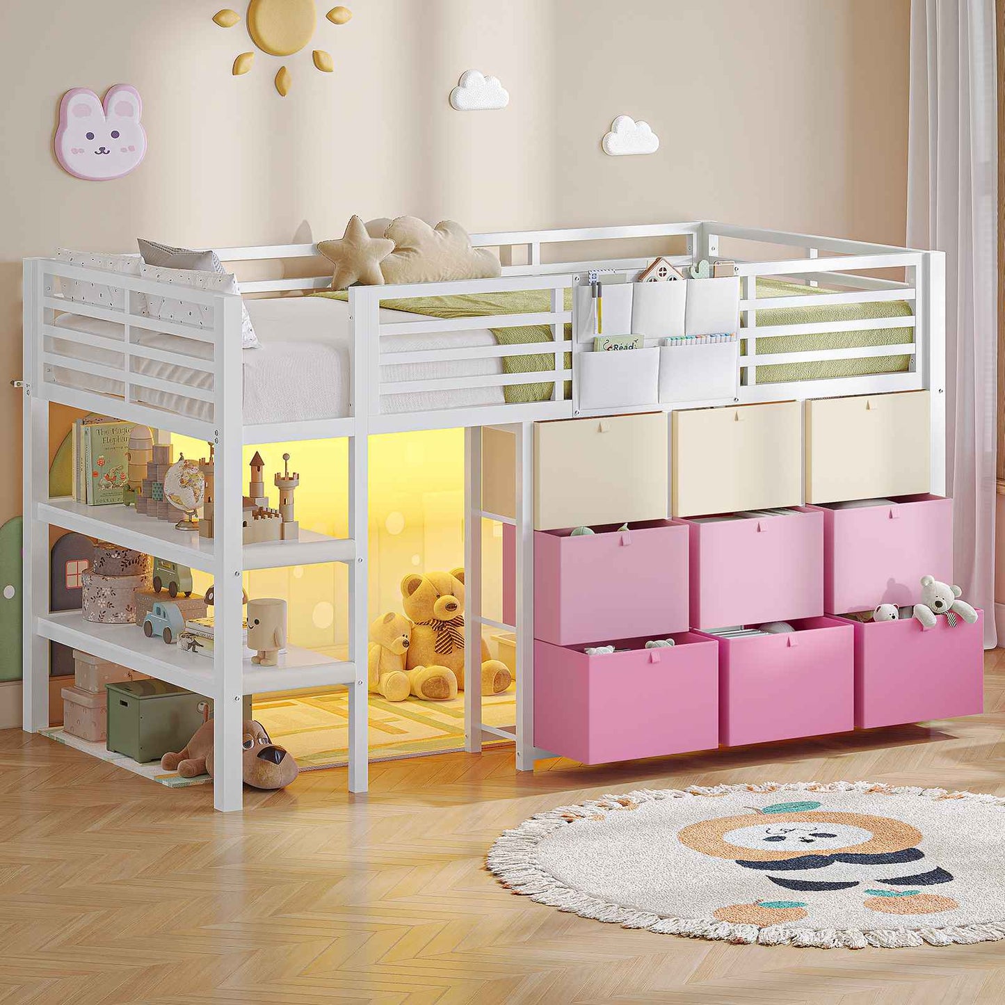 AOGLLATI Hochbett 90x200 mit LED 9 Schubladen Treppe als Ablagen nutzbar Kinderbett mit Rausfallschutz 32 cm Spielvorhang