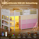 AOGLLATI Hochbett 90x200 mit LED 9 Schubladen Treppe als Ablagen nutzbar Kinderbett mit Rausfallschutz 32 cm Spielvorhang