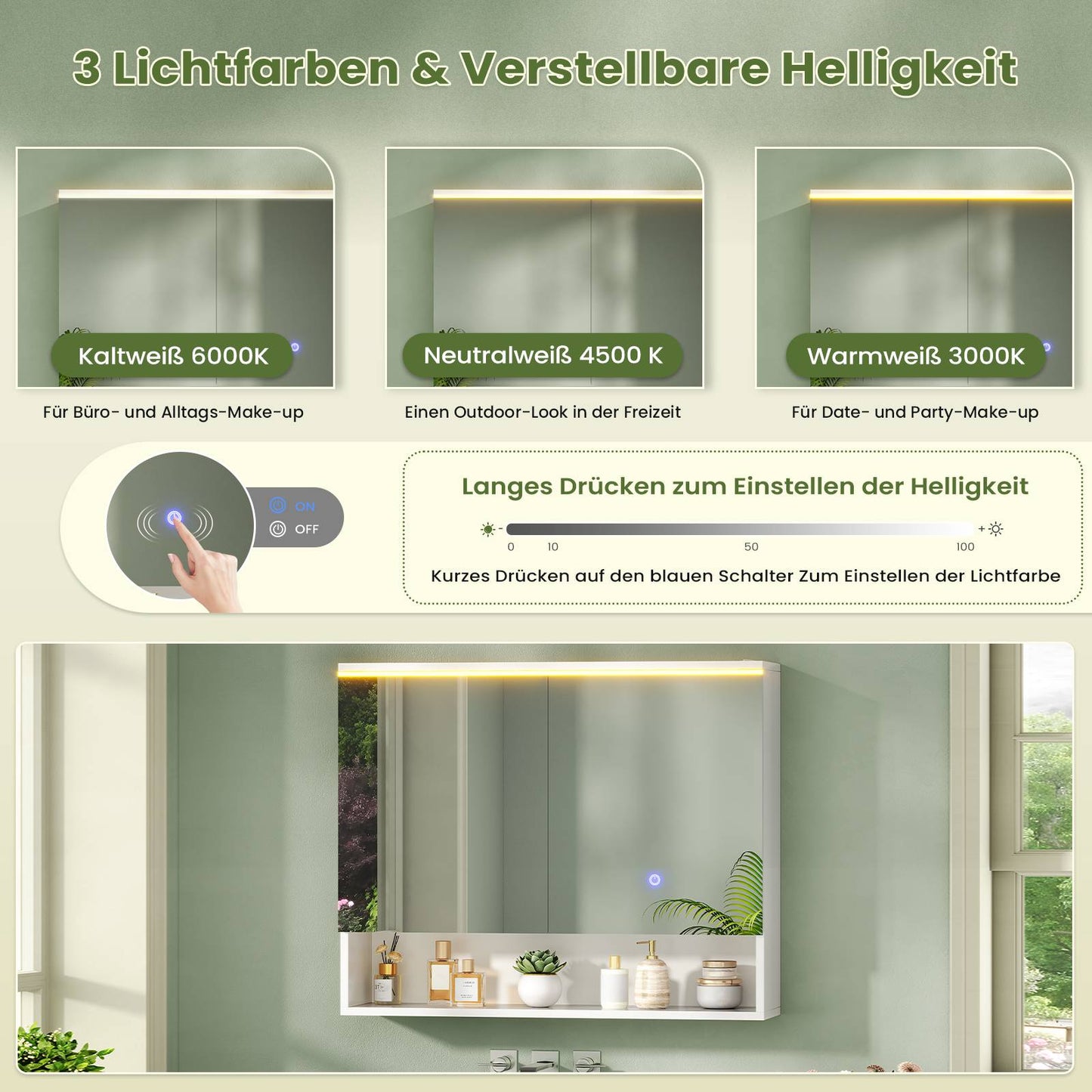 AOGLLATI Spiegelschrank Bad mit LED-Beleuchtung und Steckdose 80 cm Breit | Doppeltür Badschrank mit HD Spiegel Verstellbaren Ablagen Offenes Regal