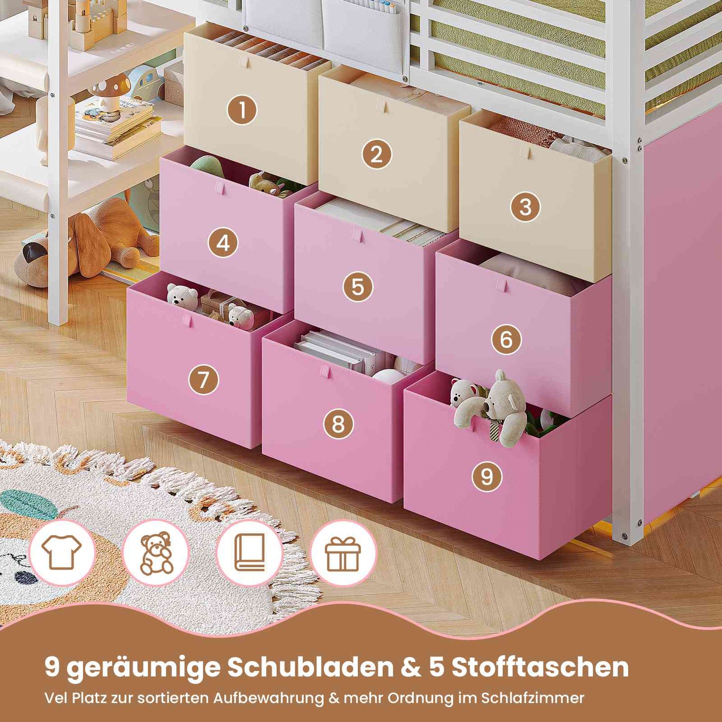 AOGLLATI Hochbett 90x200 mit LED 9 Schubladen Treppe als Ablagen nutzbar Kinderbett mit Rausfallschutz 32 cm Spielvorhang