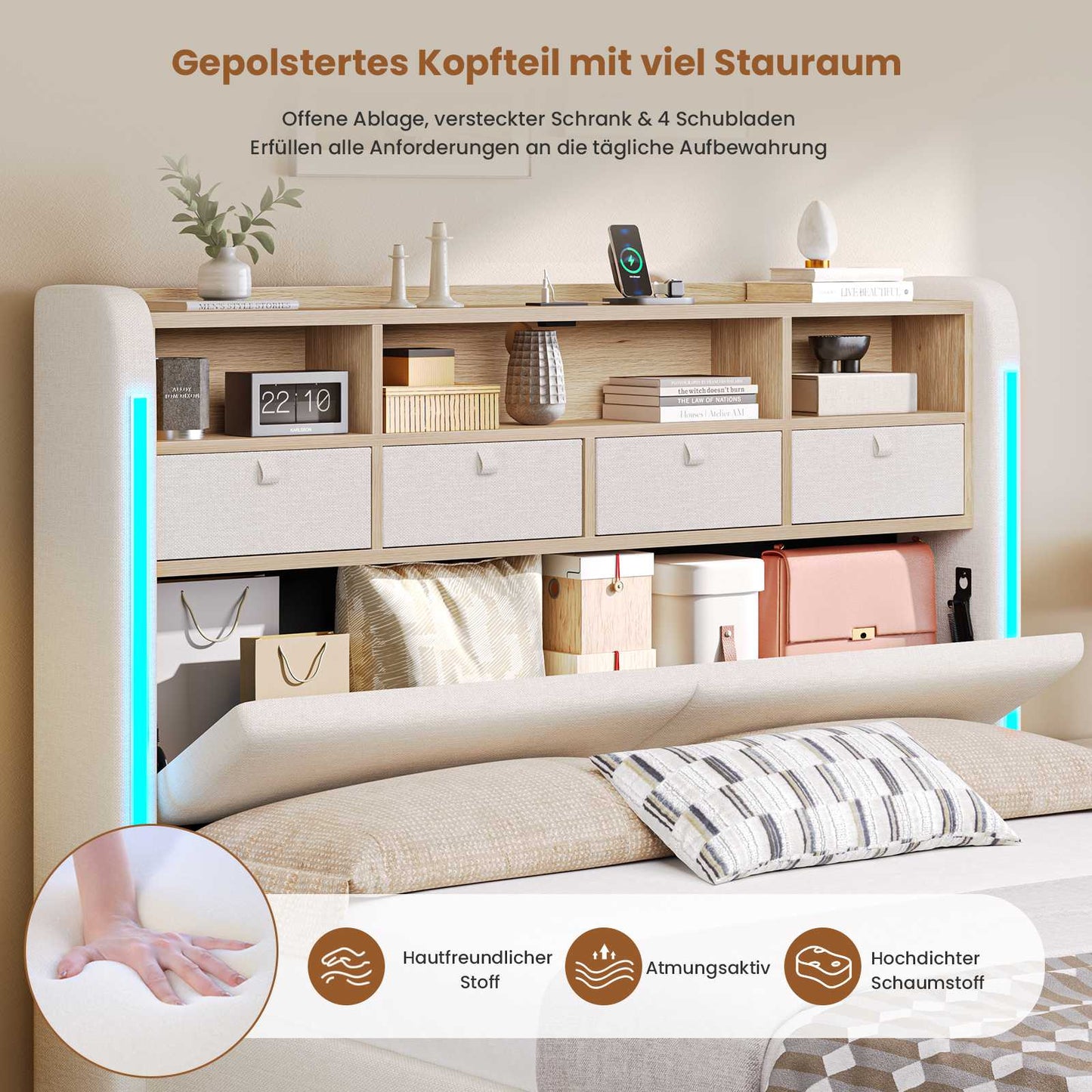 AOGLLATI Bett 140x190 mit LED-Beleuchtung 4 Stoffschubladen & Hydraulik Polsterbett mit Ladestation Stauraum Kopfteil Lattenrost
