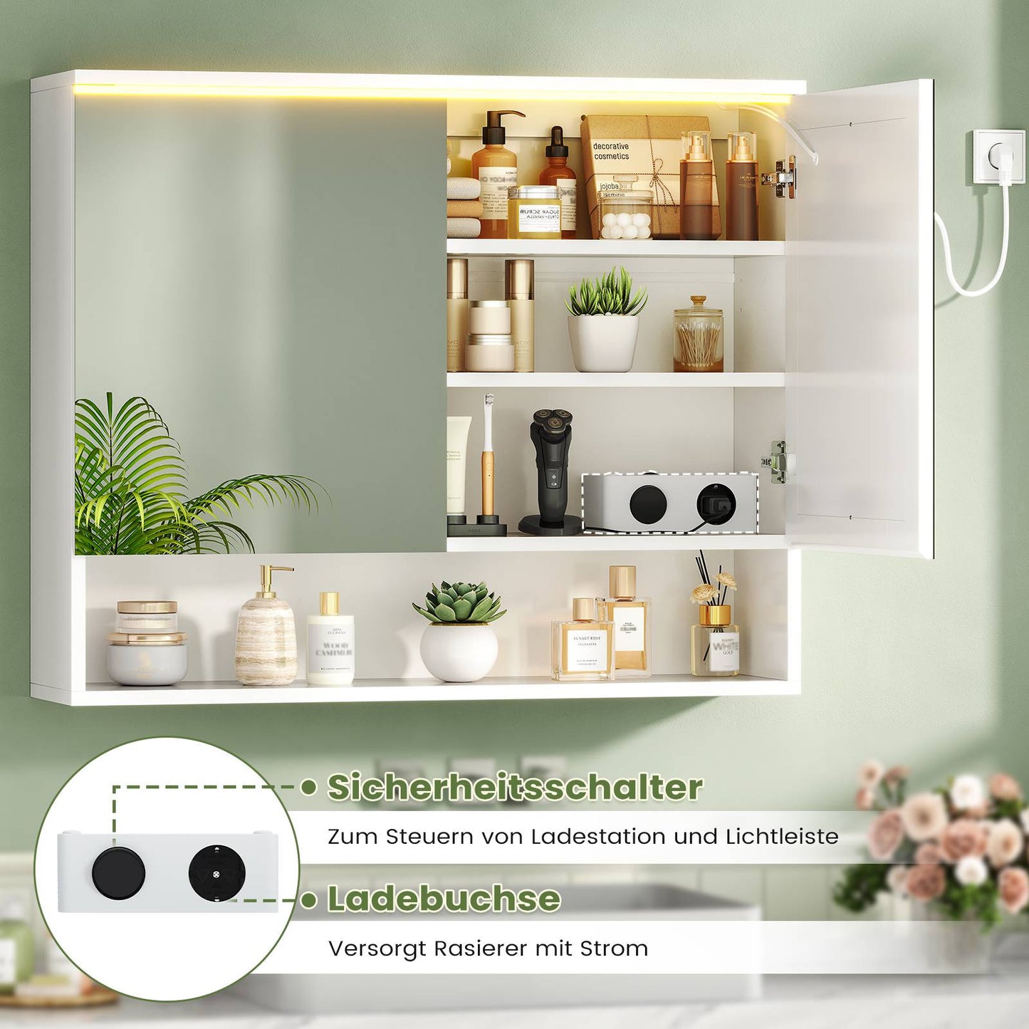 AOGLLATI Spiegelschrank Bad mit LED-Beleuchtung und Steckdose 80 cm Breit | Doppeltür Badschrank mit HD Spiegel Verstellbaren Ablagen Offenes Regal
