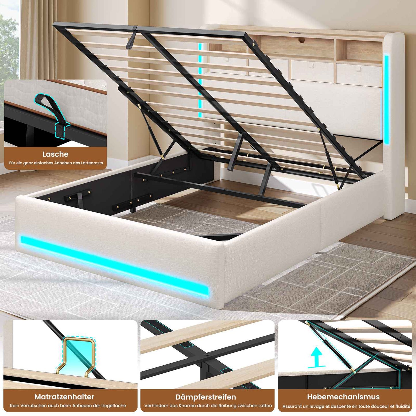 AOGLLATI Bett 140x190 mit LED-Beleuchtung 4 Stoffschubladen & Hydraulik Polsterbett mit Ladestation Stauraum Kopfteil Lattenrost