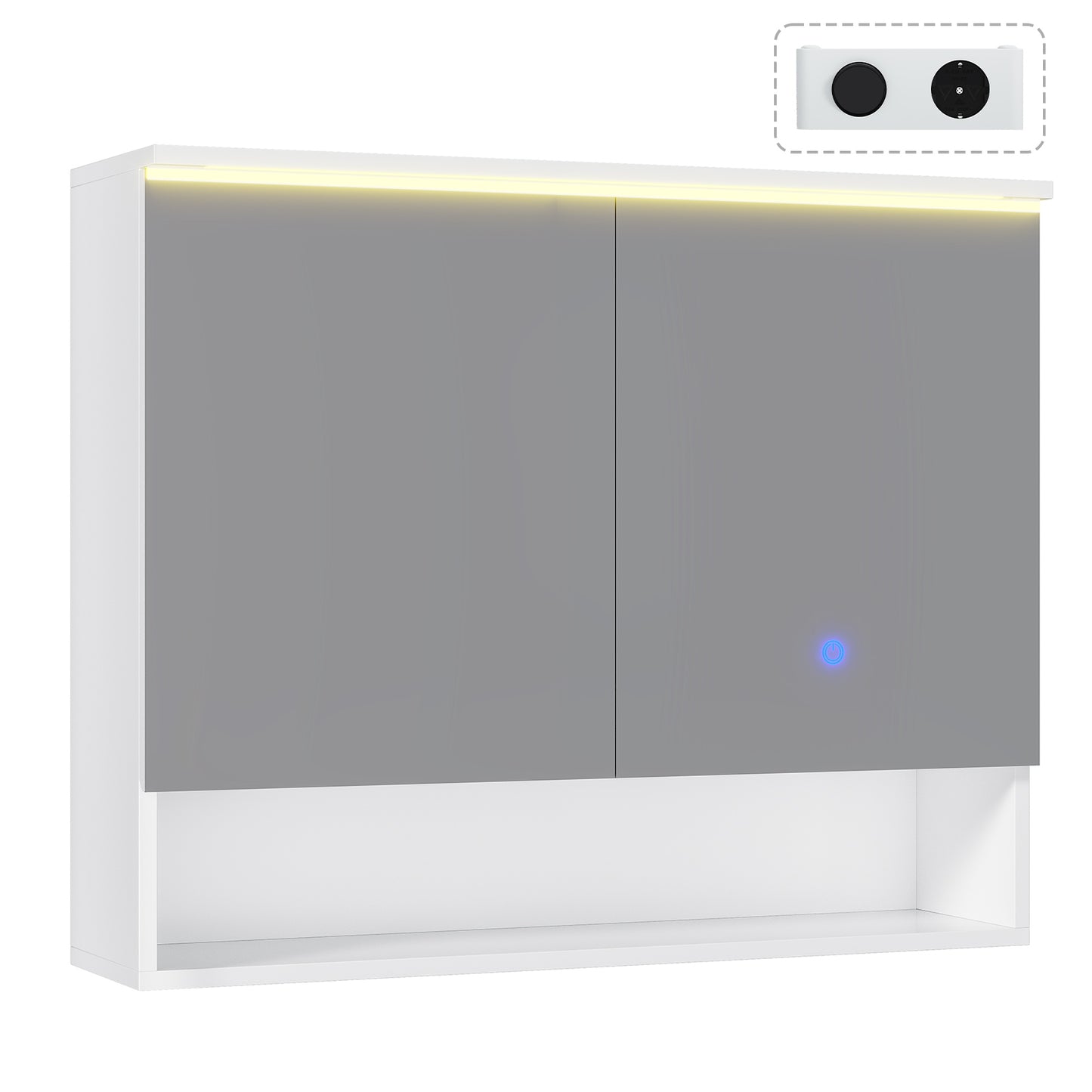 AOGLLATI Spiegelschrank Bad mit LED-Beleuchtung und Steckdose 80 cm Breit | Doppeltür Badschrank mit HD Spiegel Verstellbaren Ablagen Offenes Regal