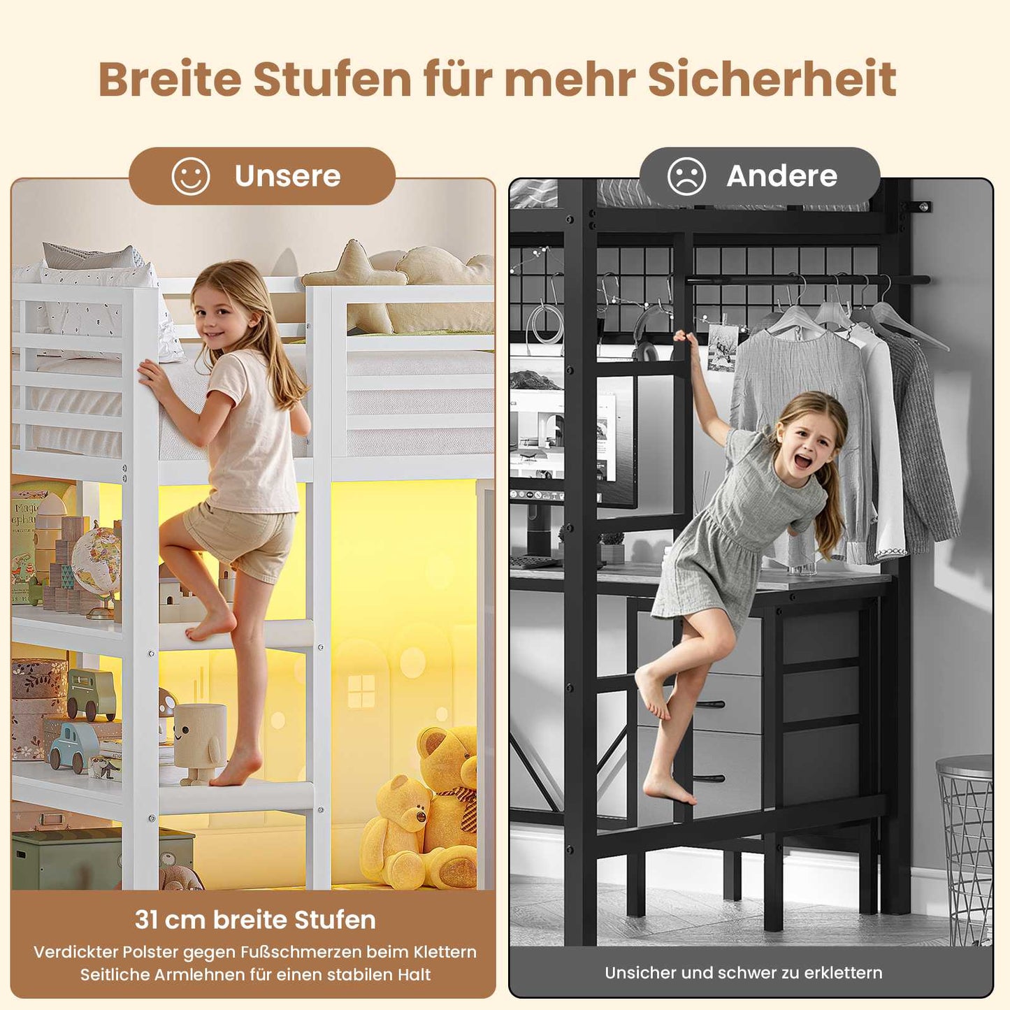 AOGLLATI Hochbett 90x200 mit LED 9 Schubladen Treppe als Ablagen nutzbar Kinderbett mit Rausfallschutz 32 cm Spielvorhang