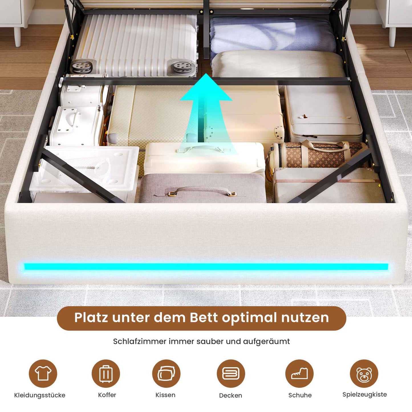 AOGLLATI Bett 140x190 mit LED-Beleuchtung 4 Stoffschubladen & Hydraulik Polsterbett mit Ladestation Stauraum Kopfteil Lattenrost