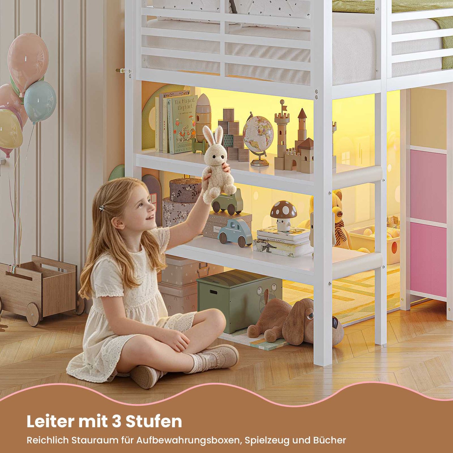 AOGLLATI Hochbett 90x200 mit LED 9 Schubladen Treppe als Ablagen nutzbar Kinderbett mit Rausfallschutz 32 cm Spielvorhang