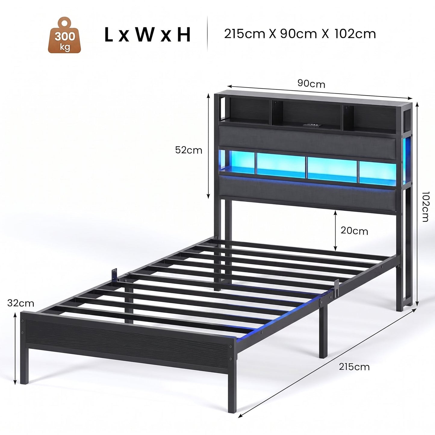 AOGLLATI Bett 90x200 mit LED Beleuchtung & Ladestation Metallbett mit Lattenrost Bettgestell mit Stauraum Kopfteil aus Leinen
