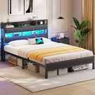 AOGLLATI Bett 140×190 mit LED Beleuchtung & Ladestation Metallbett mit Lattenrost Bettgestell mit Stauraum Kopfteil aus Leinen