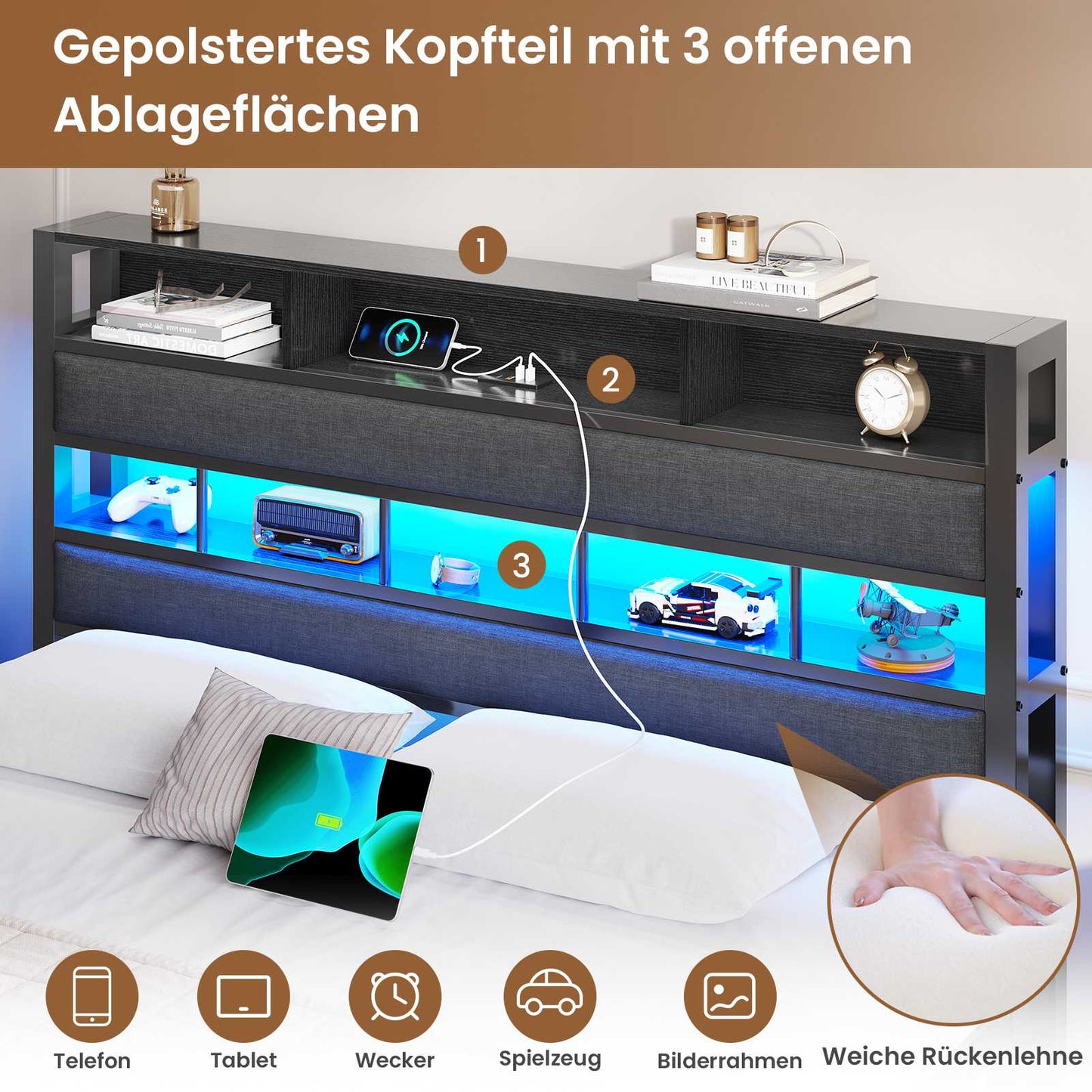 AOGLLATI Bett 140×190 mit LED Beleuchtung & Ladestation Metallbett mit Lattenrost Bettgestell mit Stauraum Kopfteil aus Leinen