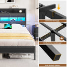 AOGLLATI Bett 140×190 mit LED Beleuchtung & Ladestation Metallbett mit Lattenrost Bettgestell mit Stauraum Kopfteil aus Leinen