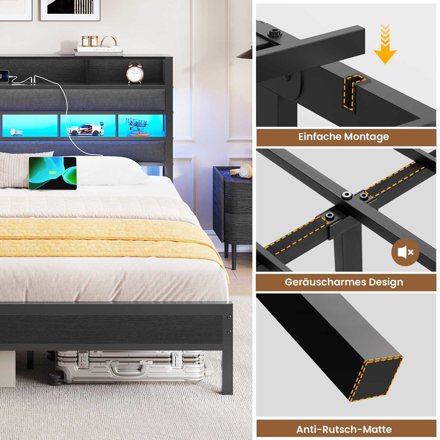 AOGLLATI Bett 140×190 mit LED Beleuchtung & Ladestation Metallbett mit Lattenrost Bettgestell mit Stauraum Kopfteil aus Leinen