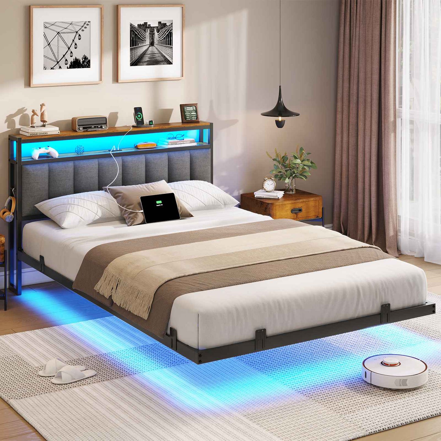 AOGLLATI Polsterbett 140x190 CM mit Ladestation & LED-Beleuchtung Doppelbettgestell mit Stauraum Kopfteil & Lattenrost