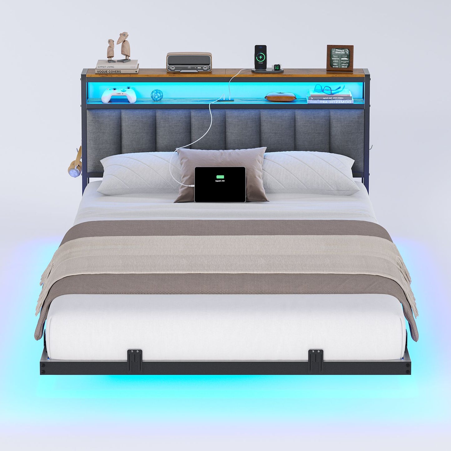 AOGLLATI Polsterbett 140x190 CM mit Ladestation & LED-Beleuchtung Doppelbettgestell mit Stauraum Kopfteil & Lattenrost