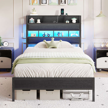 AOGLLATI Bett 90x200 mit LED Beleuchtung & Ladestation Metallbett mit Lattenrost Bettgestell mit Stauraum Kopfteil aus Leinen