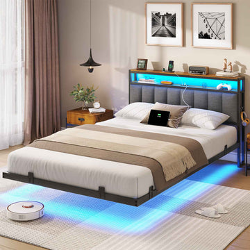 AOGLLATI Polsterbett 140x190 CM mit Ladestation & LED-Beleuchtung Doppelbettgestell mit Stauraum Kopfteil & Lattenrost