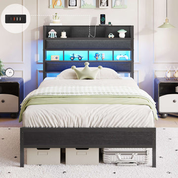 AOGLLATI Bett 90x200 mit LED Beleuchtung & Ladestation Metallbett mit Lattenrost Bettgestell mit Stauraum Kopfteil aus Leinen