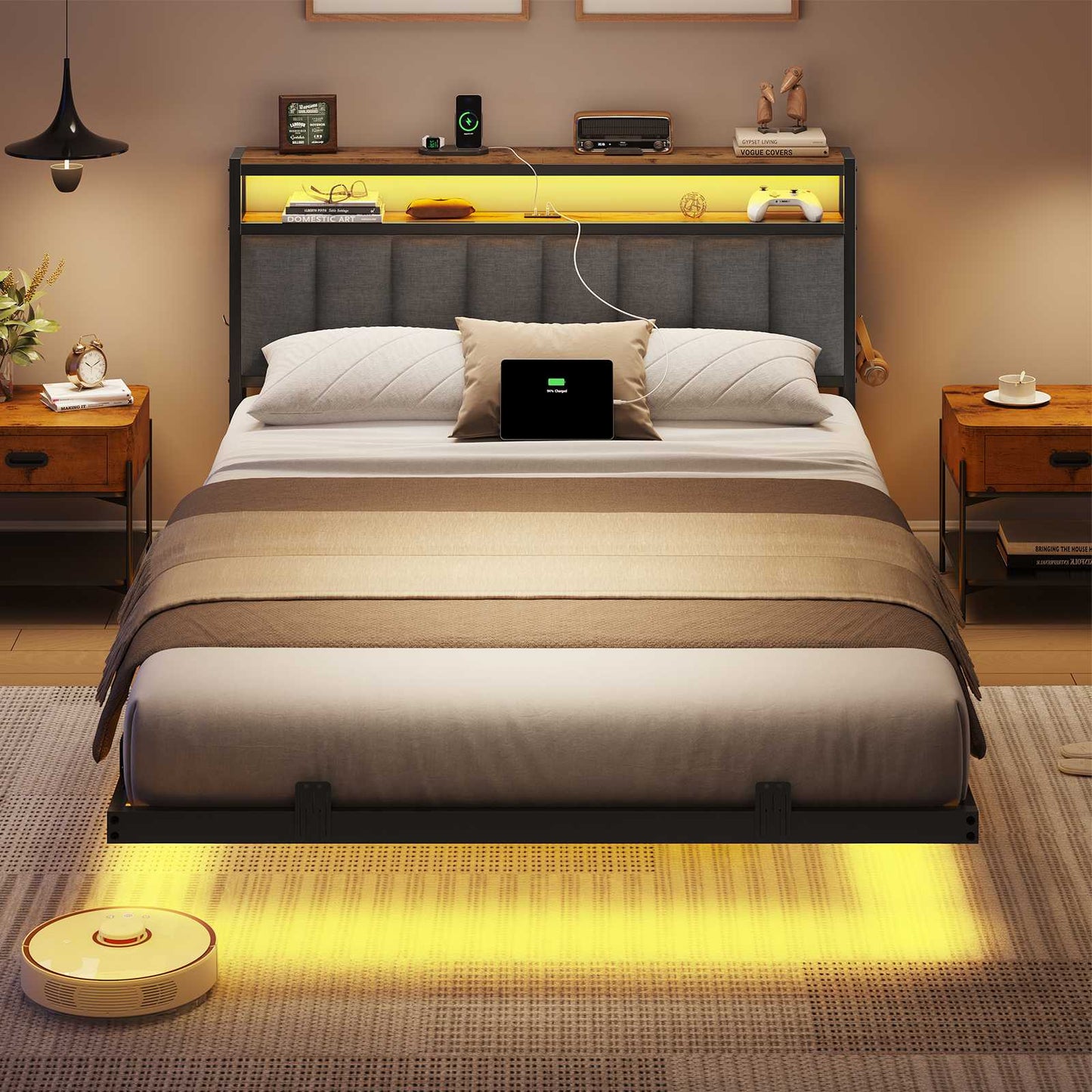 AOGLLATI Polsterbett 140x190 CM mit Ladestation & LED-Beleuchtung Doppelbettgestell mit Stauraum Kopfteil & Lattenrost