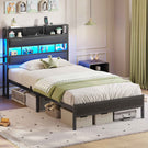 AOGLLATI Bett 90x200 mit LED Beleuchtung & Ladestation Metallbett mit Lattenrost Bettgestell mit Stauraum Kopfteil aus Leinen