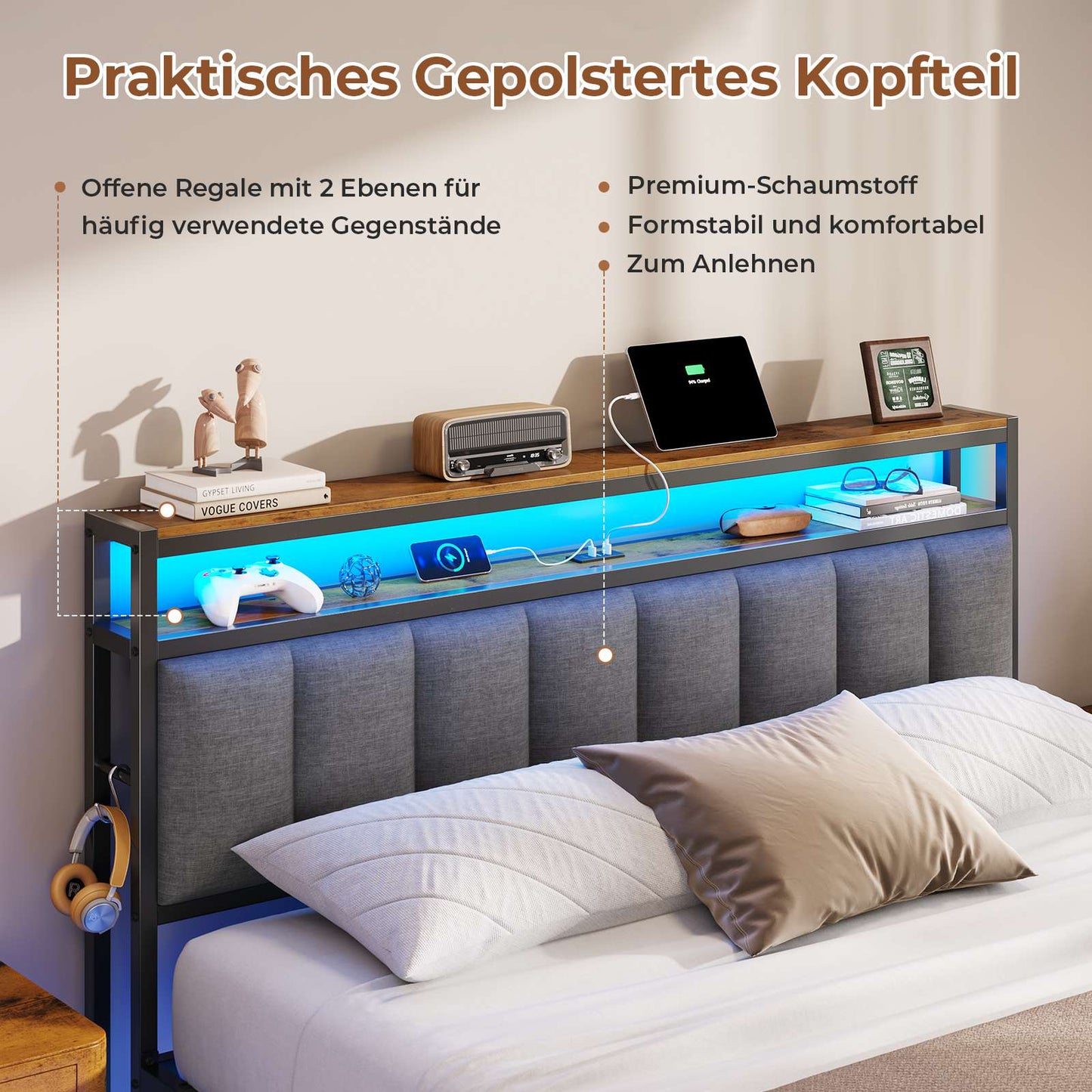 AOGLLATI Polsterbett 140x190 CM mit Ladestation & LED-Beleuchtung Doppelbettgestell mit Stauraum Kopfteil & Lattenrost