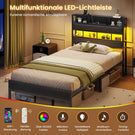 AOGLLATI Bett 90x200 mit LED Beleuchtung & Ladestation Metallbett mit Lattenrost Bettgestell mit Stauraum Kopfteil aus Leinen