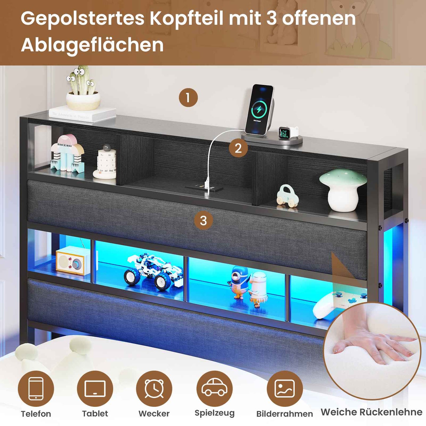AOGLLATI Bett 90x200 mit LED Beleuchtung & Ladestation Metallbett mit Lattenrost Bettgestell mit Stauraum Kopfteil aus Leinen