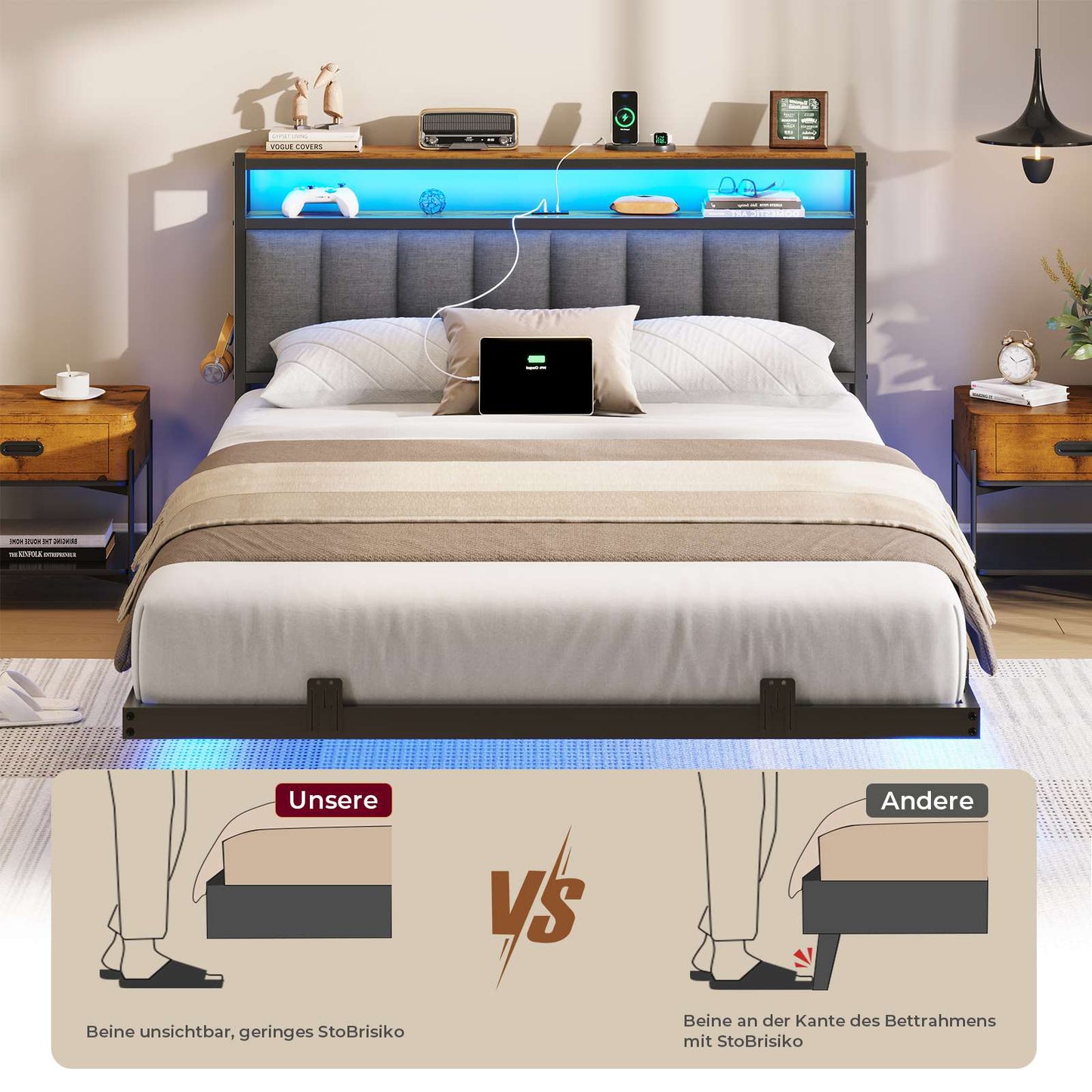AOGLLATI Polsterbett 140x190 CM mit Ladestation & LED-Beleuchtung Doppelbettgestell mit Stauraum Kopfteil & Lattenrost