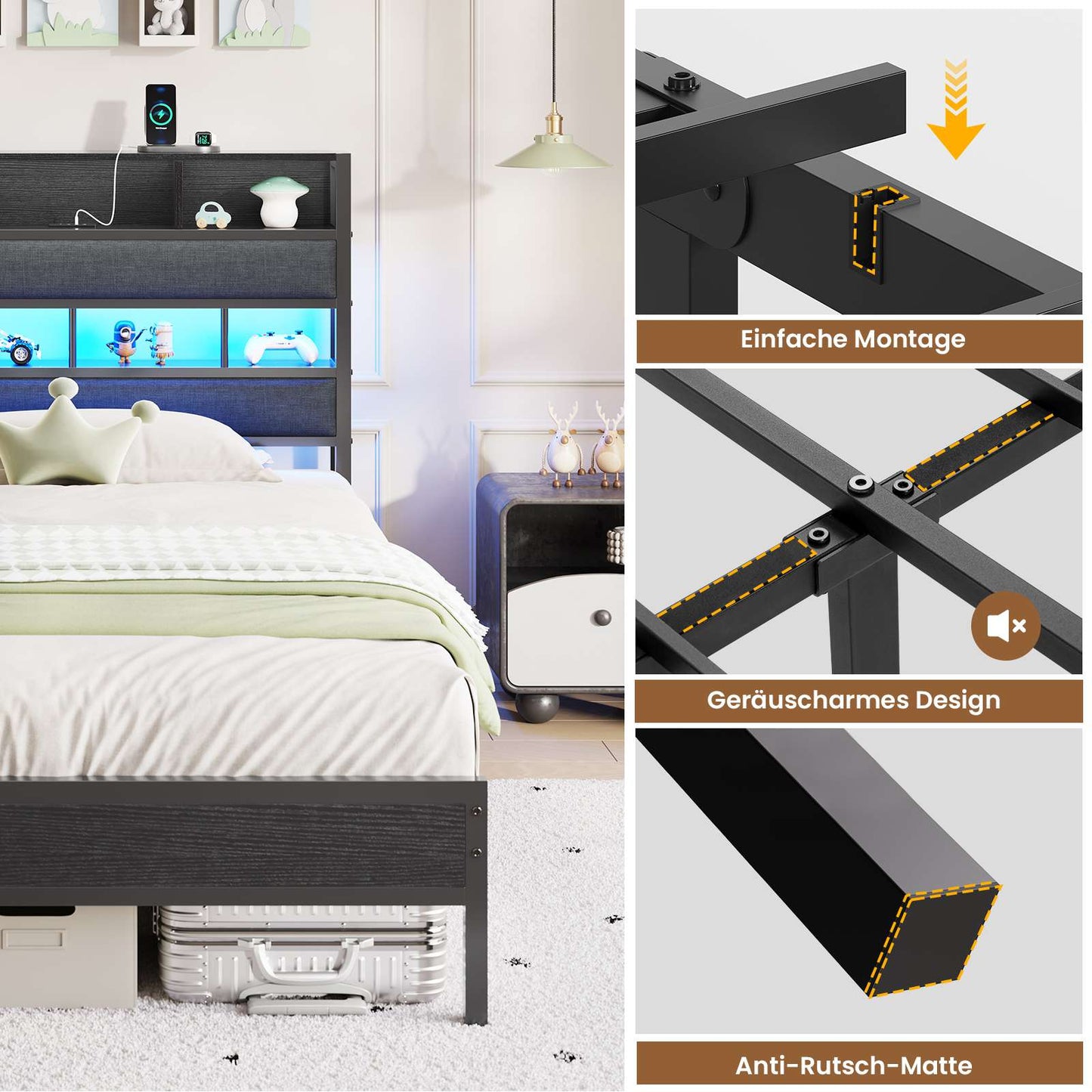 AOGLLATI Bett 90x200 mit LED Beleuchtung & Ladestation Metallbett mit Lattenrost Bettgestell mit Stauraum Kopfteil aus Leinen
