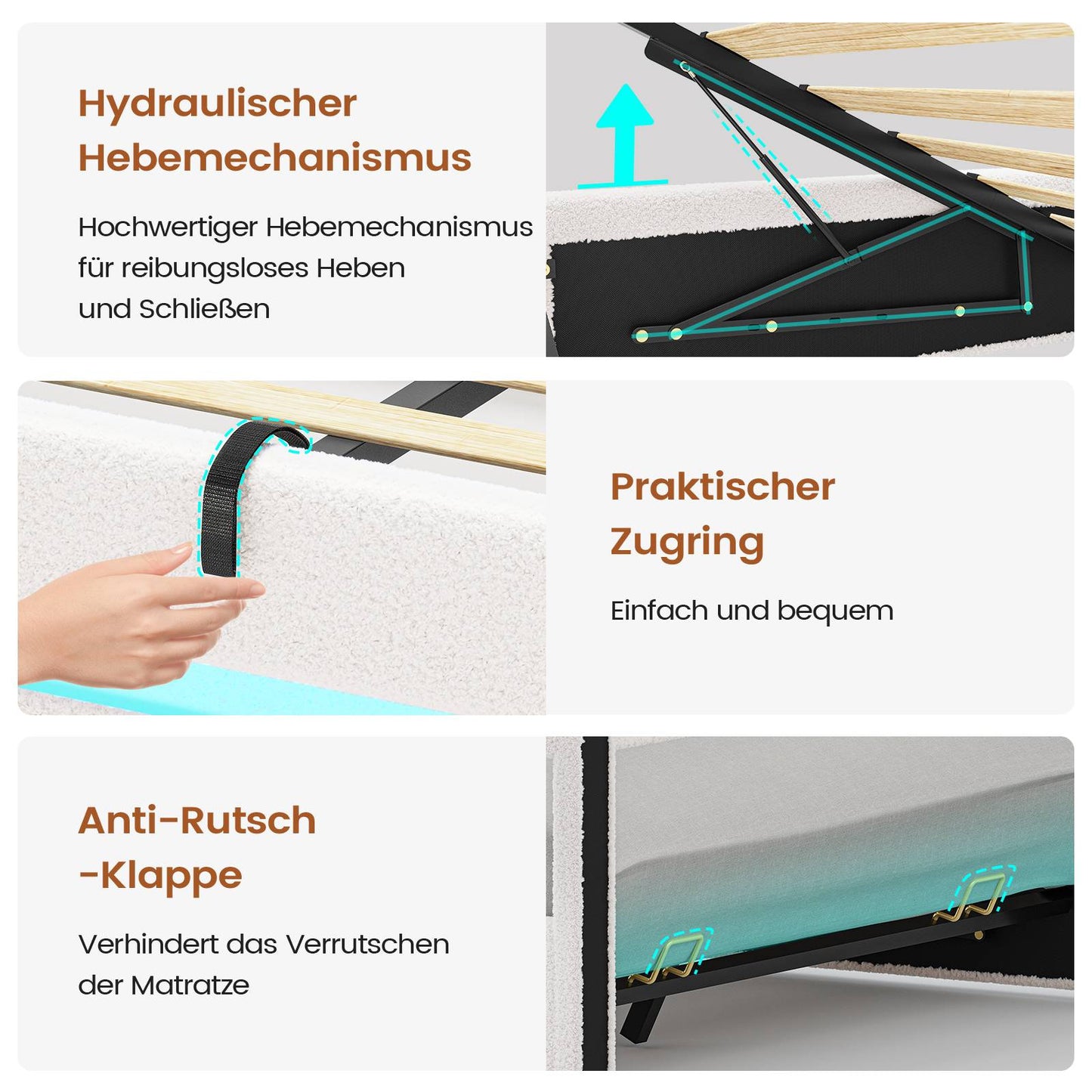 AOGLLATI Hydraulisch Stauraumbett 140×190cm Polsterbett Doppelbett mit LED und USB-Ladefunktion Bettgestell mit Stauraum und Lattenrost