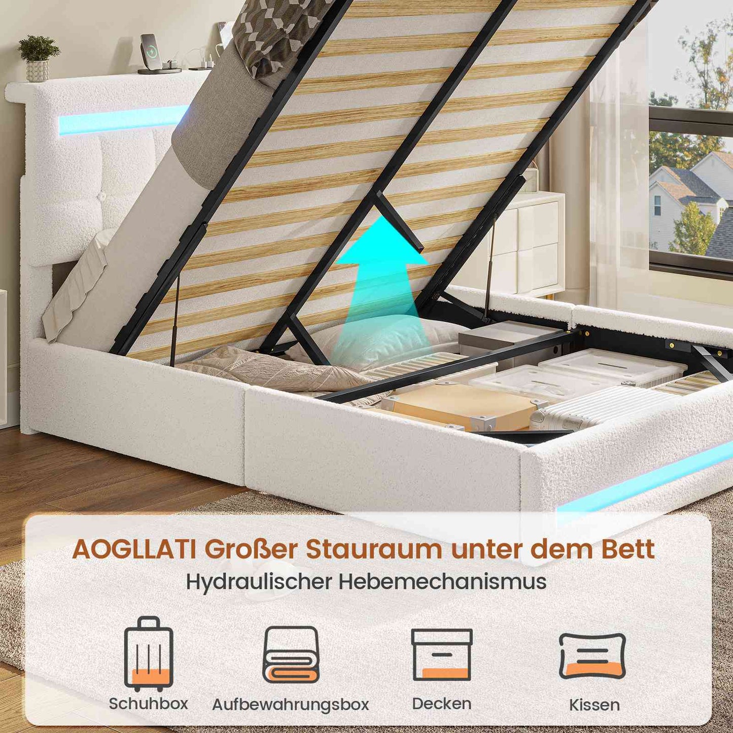 AOGLLATI Hydraulisch Stauraumbett 140×190cm Polsterbett Doppelbett mit LED und USB-Ladefunktion Bettgestell mit Stauraum und Lattenrost
