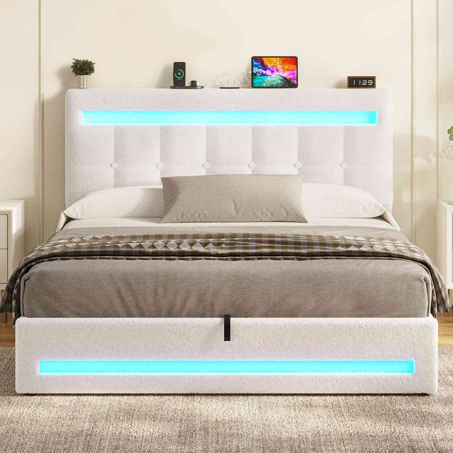 AOGLLATI Hydraulisch Stauraumbett 140×190cm Polsterbett Doppelbett mit LED und USB-Ladefunktion Bettgestell mit Stauraum und Lattenrost