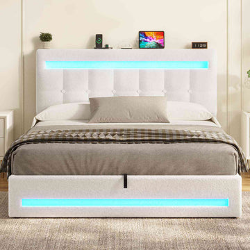 AOGLLATI Hydraulisch Stauraumbett 140×190cm Polsterbett Doppelbett mit LED und USB-Ladefunktion Bettgestell mit Stauraum und Lattenrost