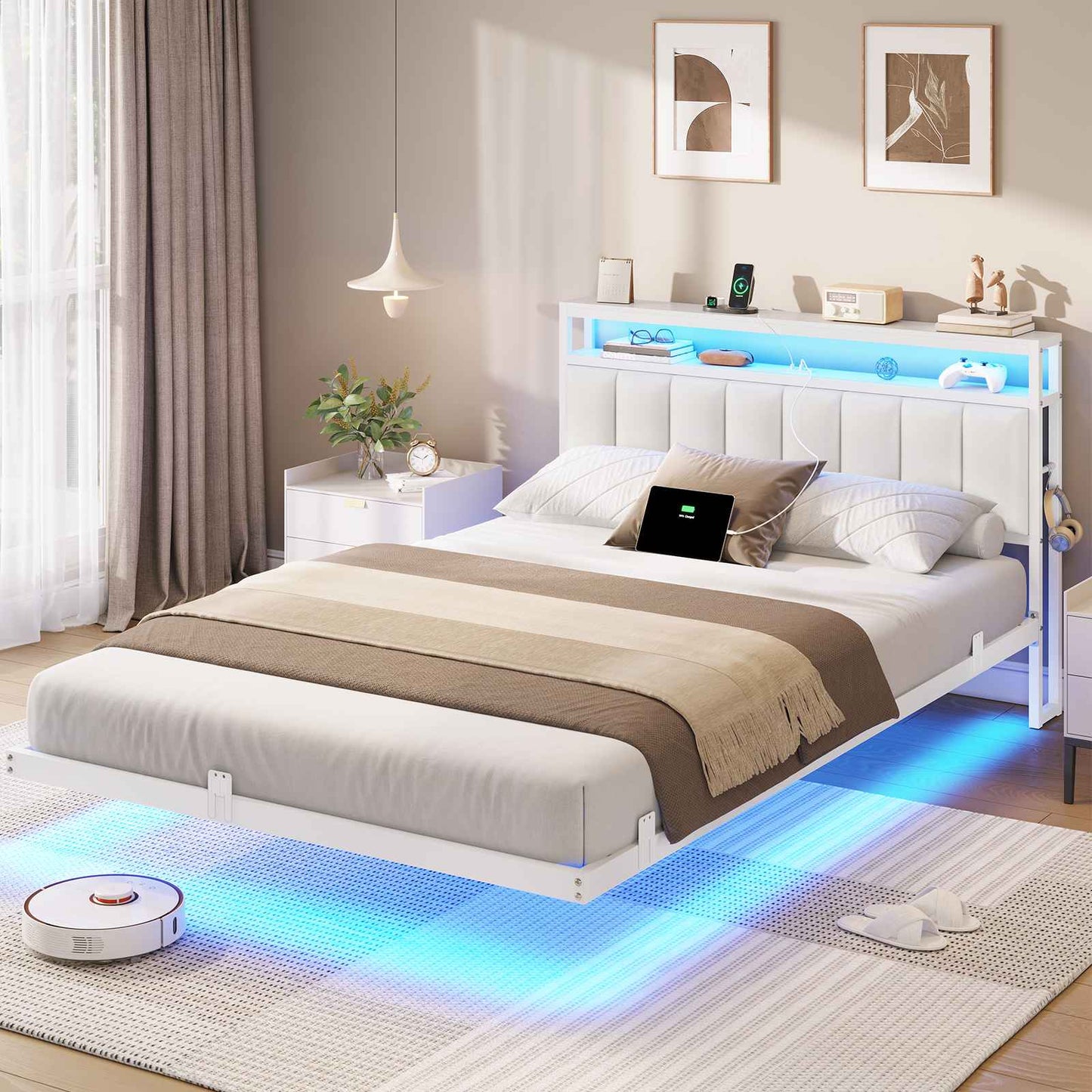 AOGLLATI Polsterbett 140x190 CM mit Ladestation & LED-Beleuchtung Doppelbettgestell mit Stauraum Kopfteil & Lattenrost