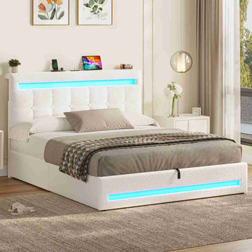 AOGLLATI Hydraulisch Stauraumbett 140×190cm Polsterbett Doppelbett mit LED und USB-Ladefunktion Bettgestell mit Stauraum und Lattenrost