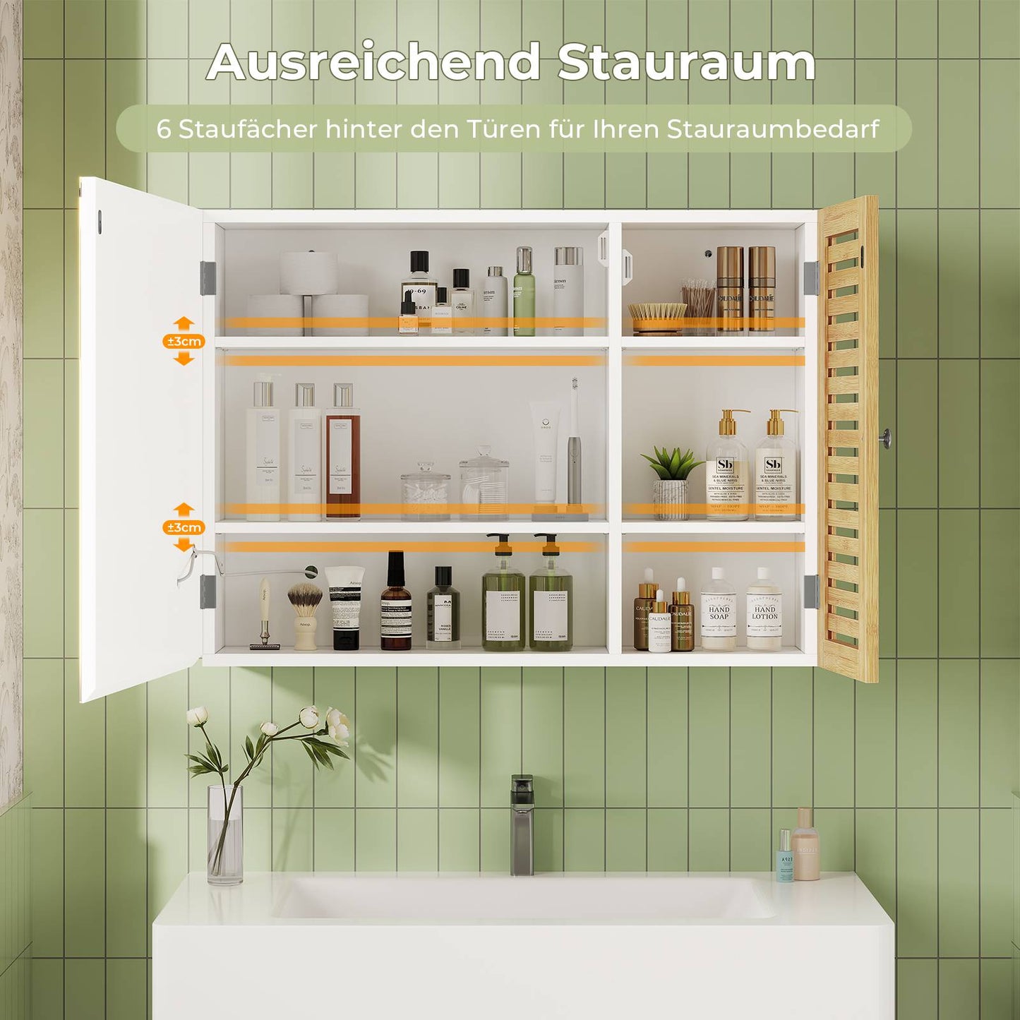 AOGLLATI Badezimmerschrank mit Beleuchtung 80×60×16cm Badezimmer spiegelschrank mit 6 Ablagefächern 4 verstellbare Ablagen