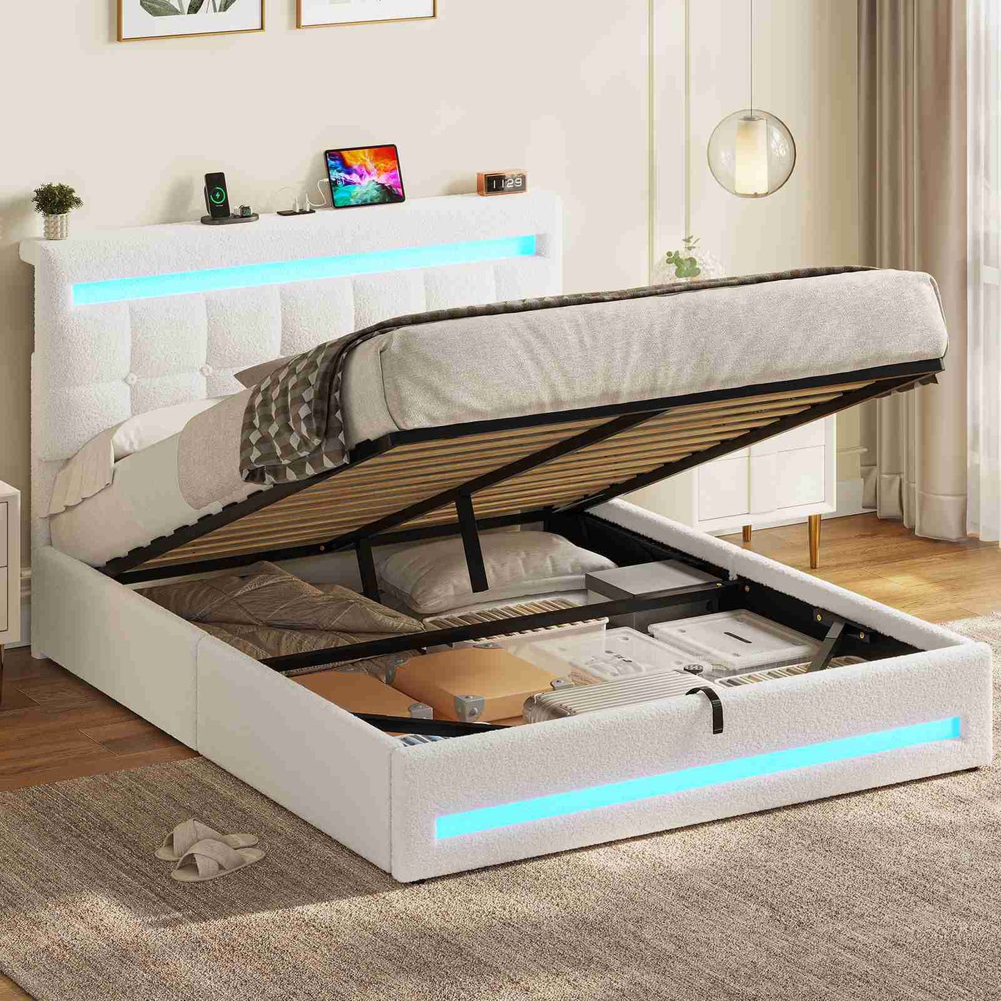 AOGLLATI Hydraulisch Stauraumbett 140×190cm Polsterbett Doppelbett mit LED und USB-Ladefunktion Bettgestell mit Stauraum und Lattenrost
