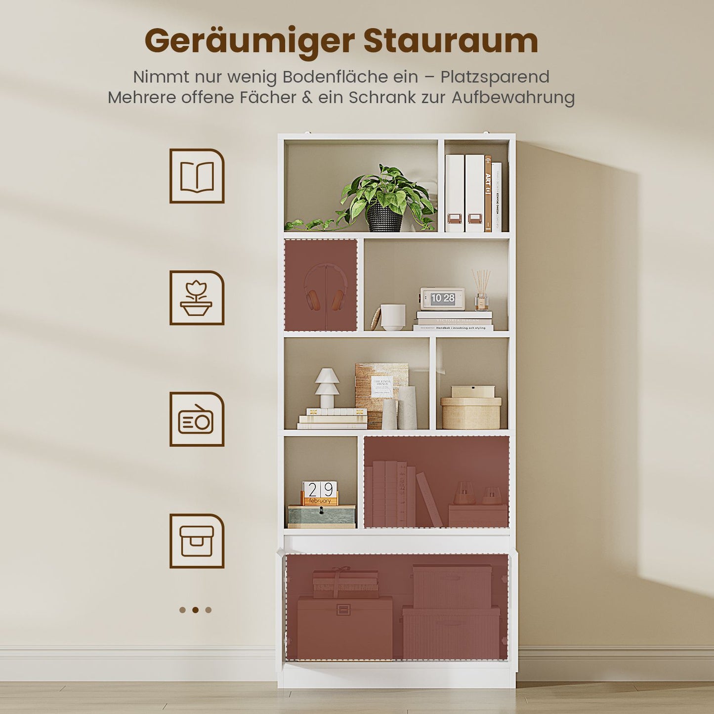 AOGLLATI Bücherregal Weiß aus Holz Bücherschrank Hoch mit 4 Ebenen und offenes Aufbewahrungsregal Standregal Regal mit Türen für Wohnzimmer