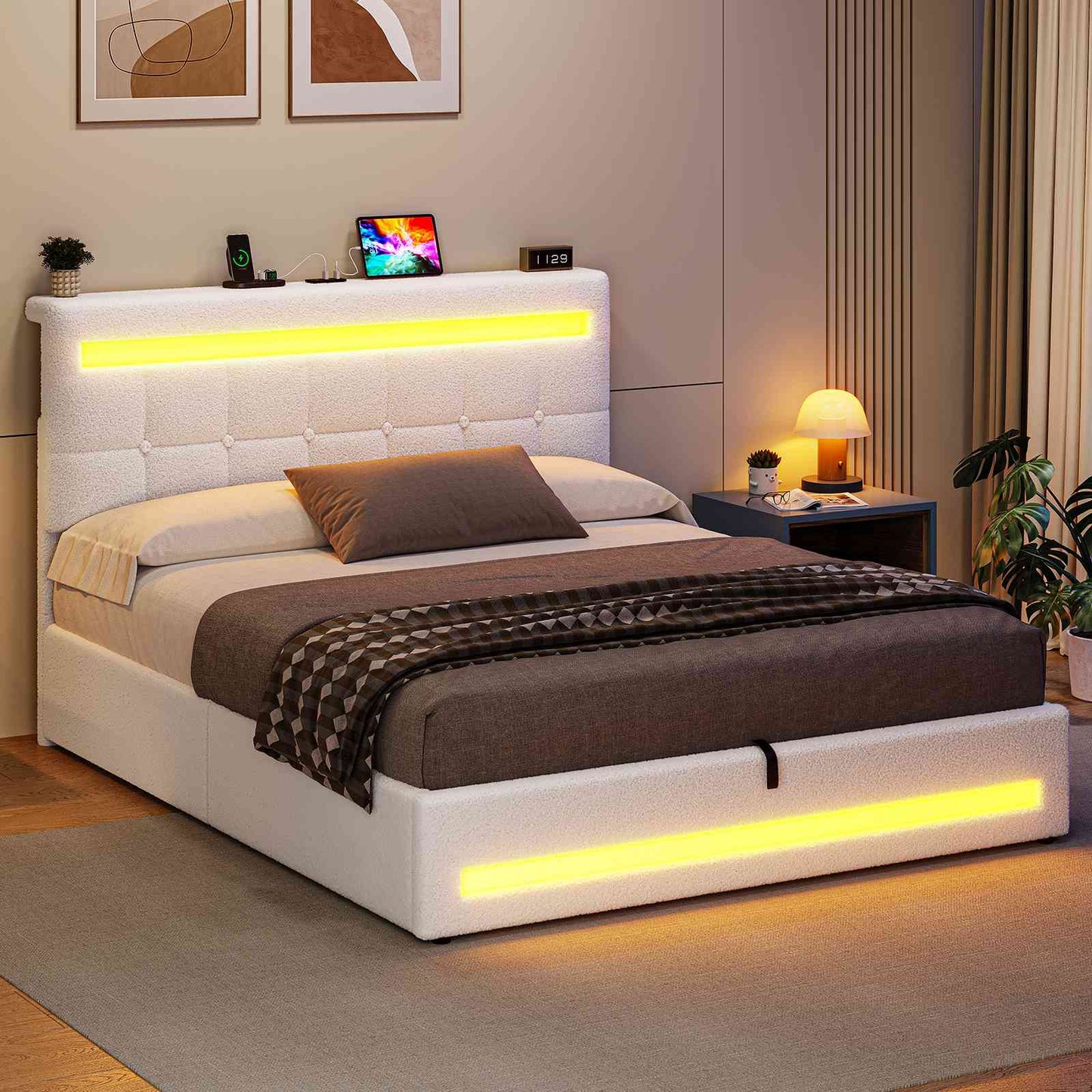 AOGLLATI Hydraulisch Stauraumbett 140×190cm Polsterbett Doppelbett mit LED und USB-Ladefunktion Bettgestell mit Stauraum und Lattenrost