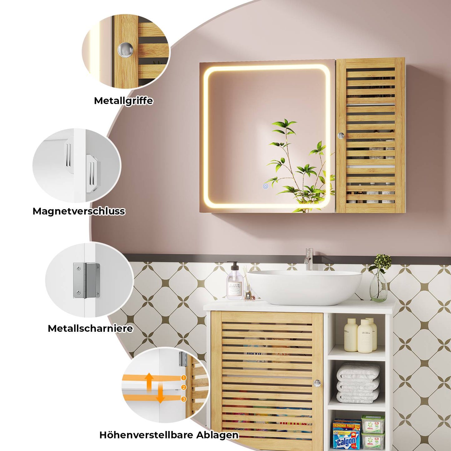 AOGLLATI Badezimmerschrank mit Beleuchtung 80×60×16cm Badezimmer spiegelschrank mit 6 Ablagefächern 4 verstellbare Ablagen