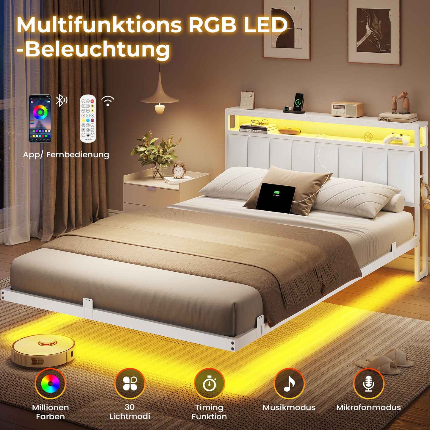 AOGLLATI Polsterbett 140x190 CM mit Ladestation & LED-Beleuchtung Doppelbettgestell mit Stauraum Kopfteil & Lattenrost