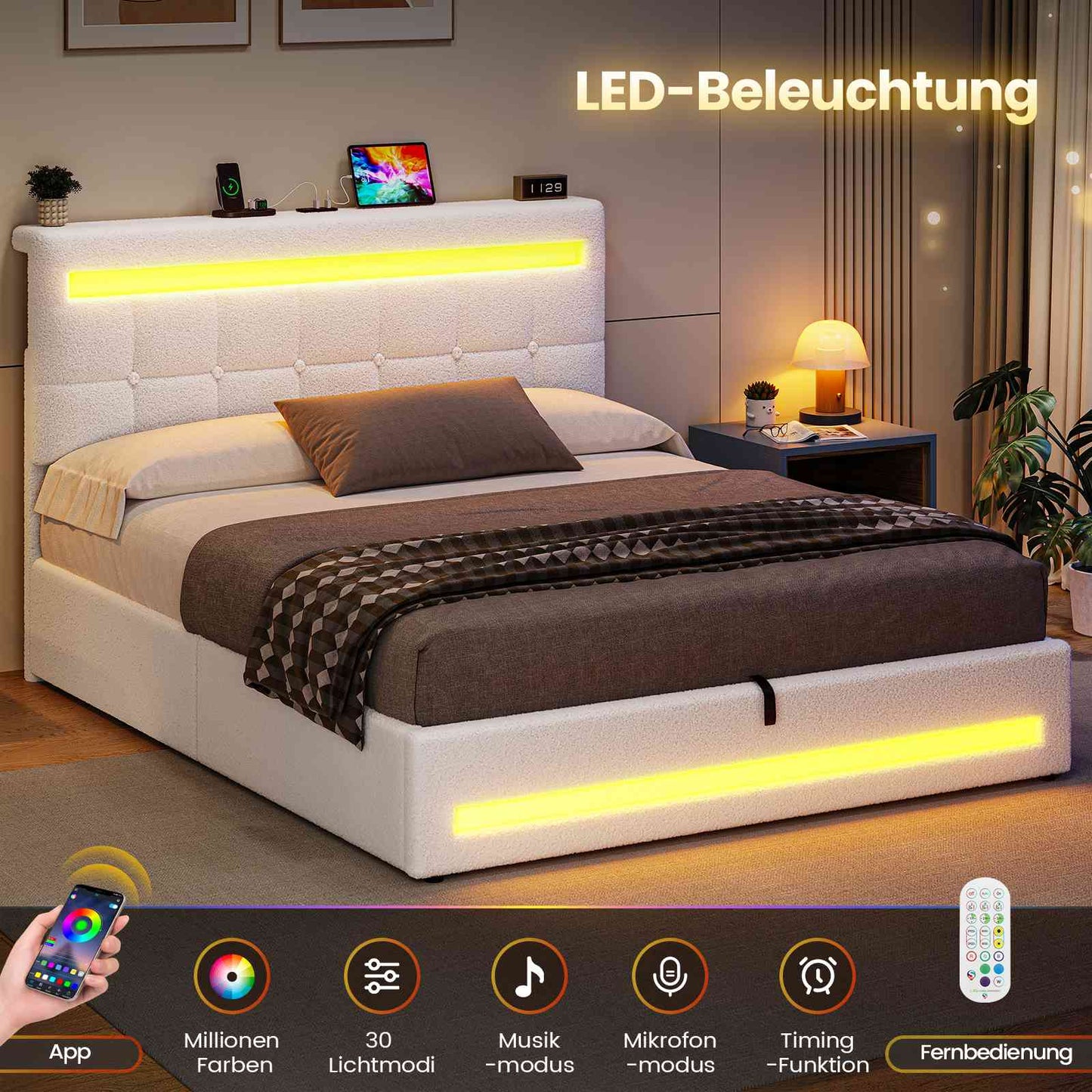 AOGLLATI Hydraulisch Stauraumbett 140×190cm Polsterbett Doppelbett mit LED und USB-Ladefunktion Bettgestell mit Stauraum und Lattenrost