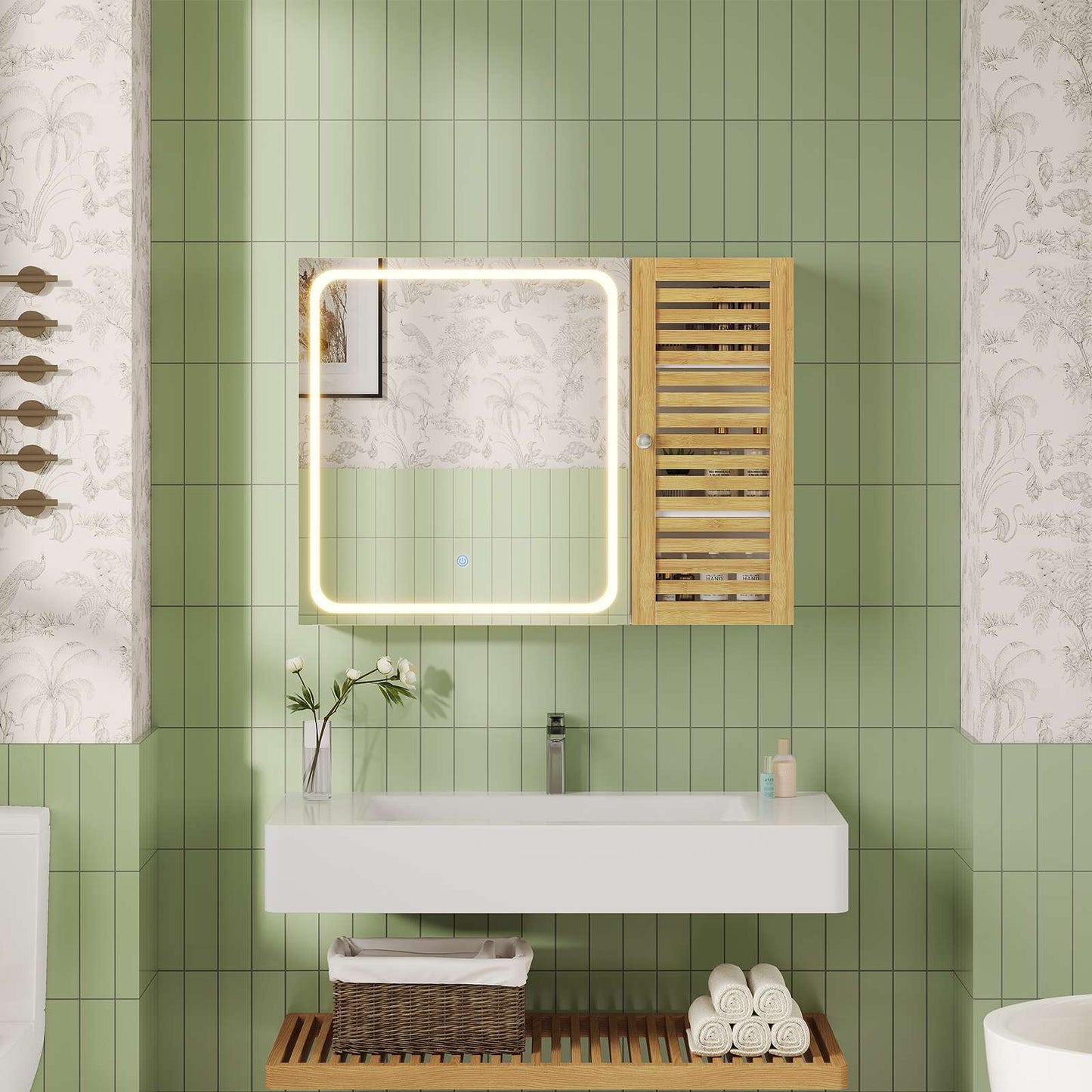 AOGLLATI Badezimmerschrank mit Beleuchtung 80×60×16cm Badezimmer spiegelschrank mit 6 Ablagefächern 4 verstellbare Ablagen